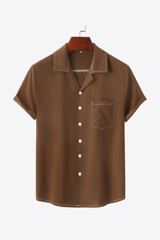 Full Size Contrast Stitching Pocket Shirt